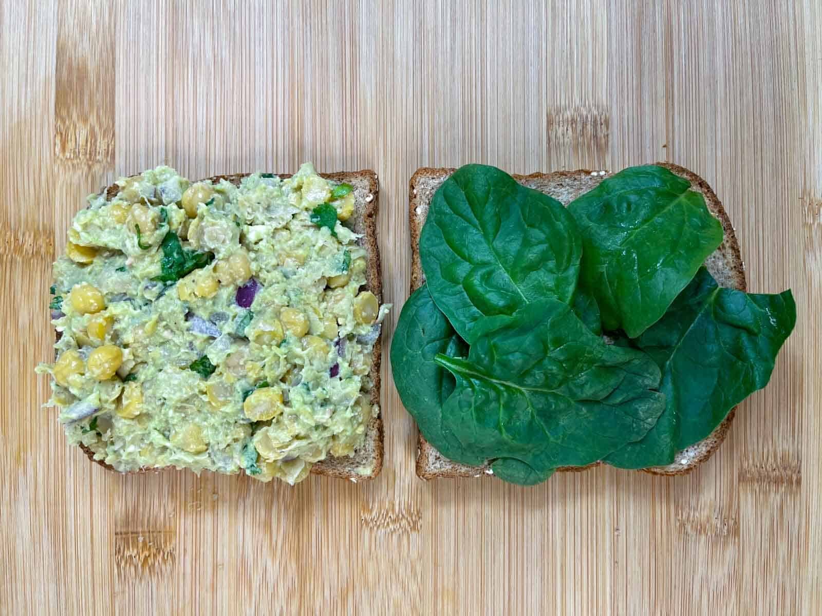 step to spread the mixture on the bread with spinach collage