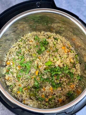 quinoa upma in instant pot insert garnished with coriander