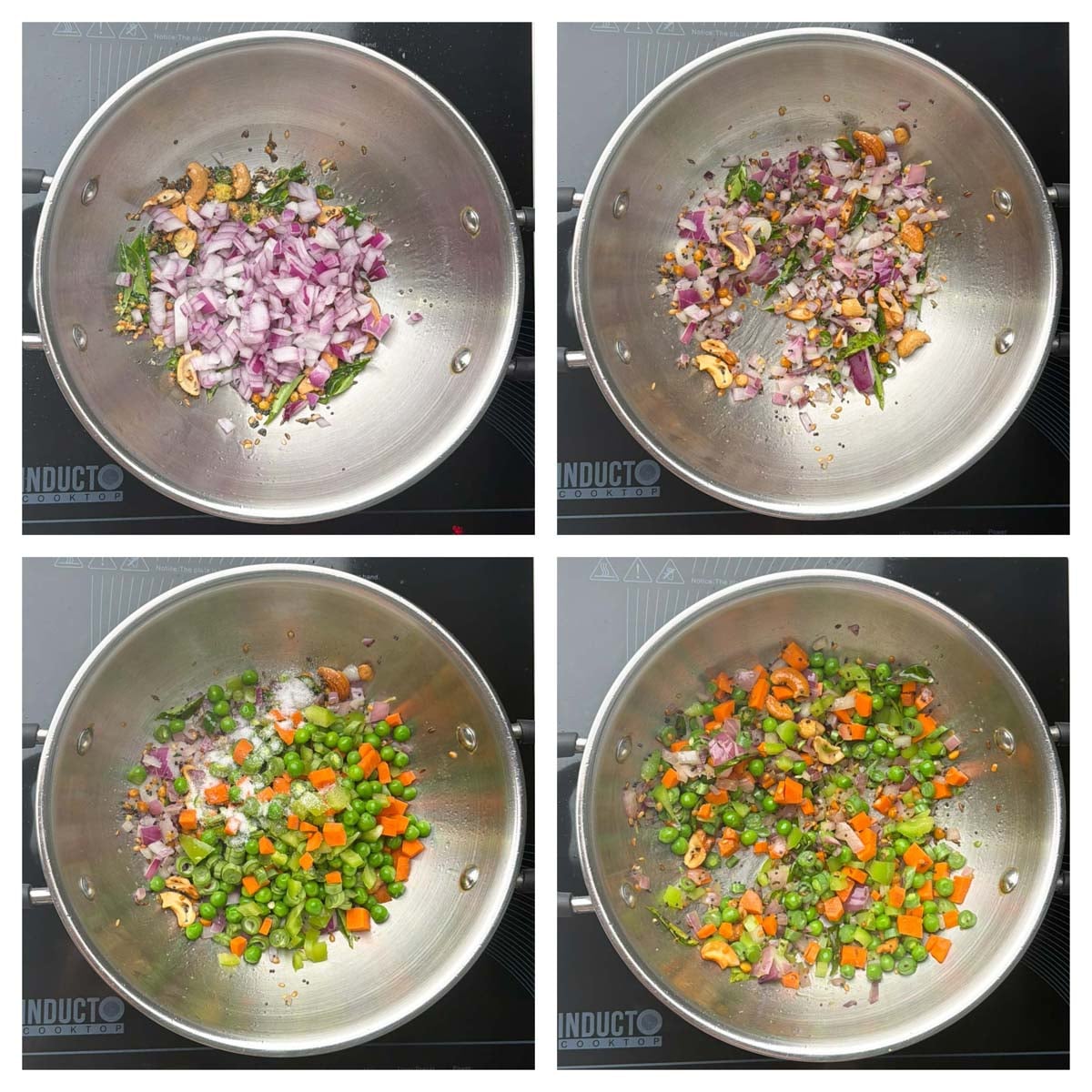 Step to saute onions, veggies collage
