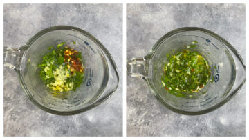 step to whisk lemon dressing ingredients in a small measuring jar collage