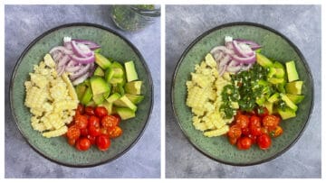 step to add all salad ingredients in a bowl and dressing collage