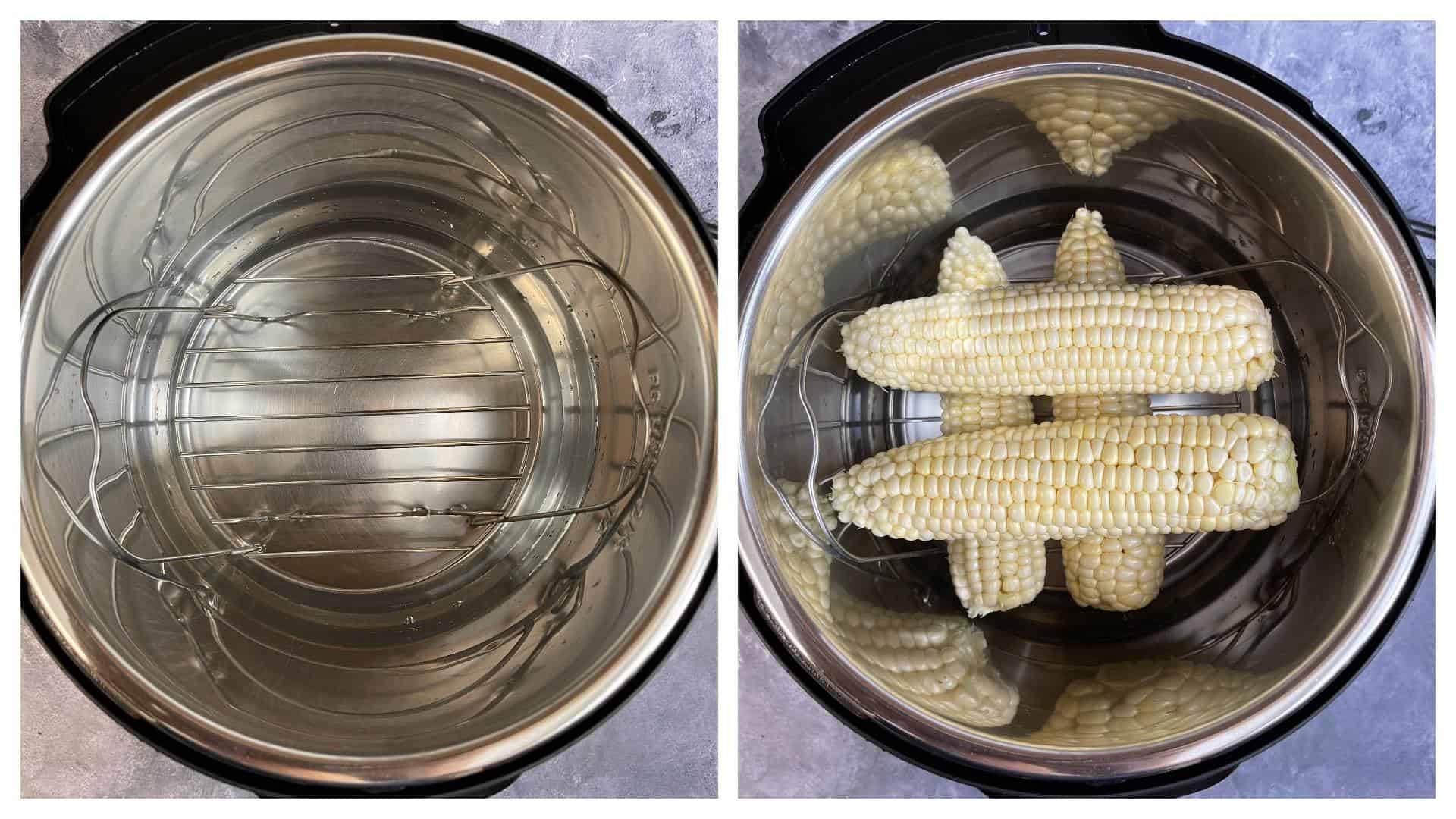 step to place trivet and arrange fresh ears of corn collage
