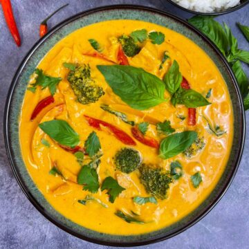 panang curry served in a bowl with a side of rice