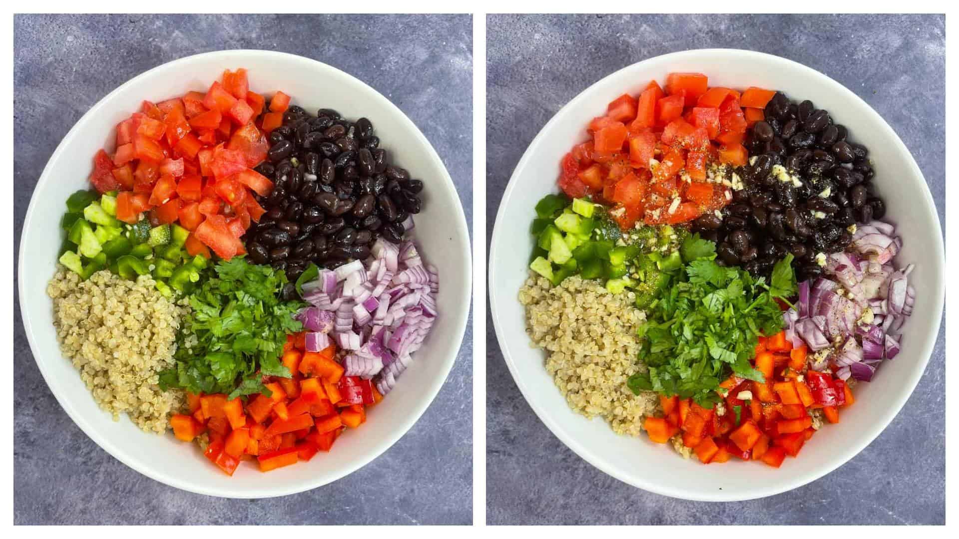 step to combine salad ingredients collage