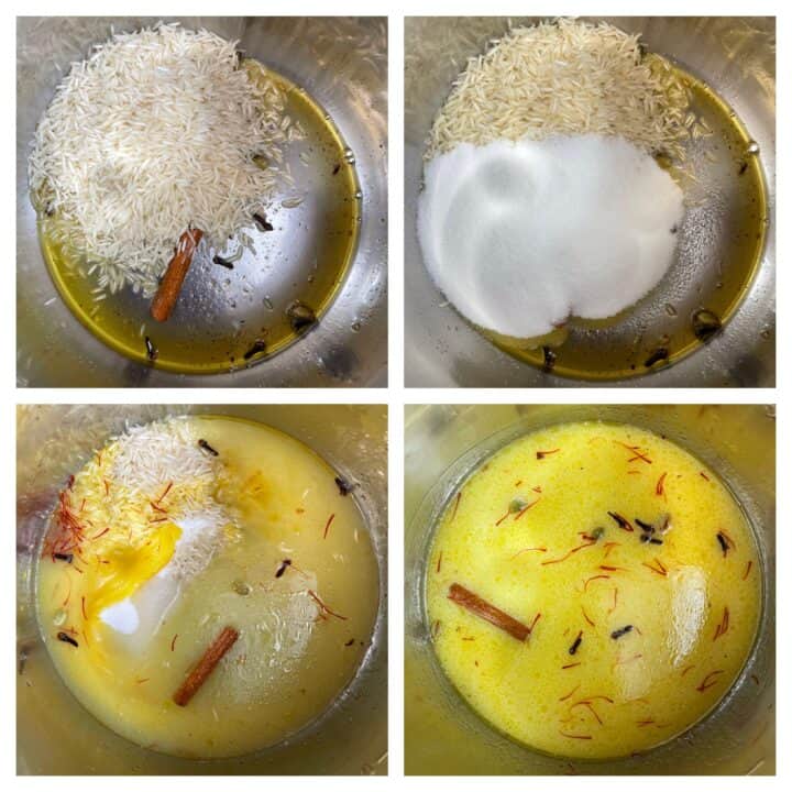step to add rice, sugar and water for meethe chawal/sweet rice in instant pot collage