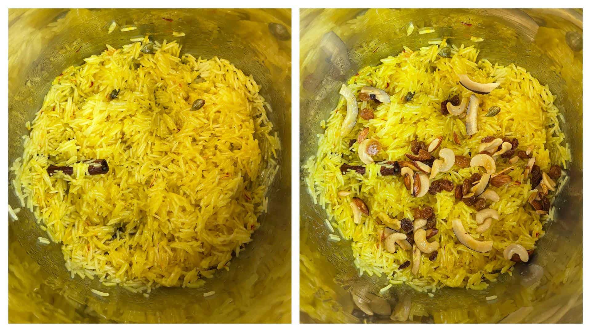 step to add dry fruits to meethe chawal (sweet rice) in instant pot collage