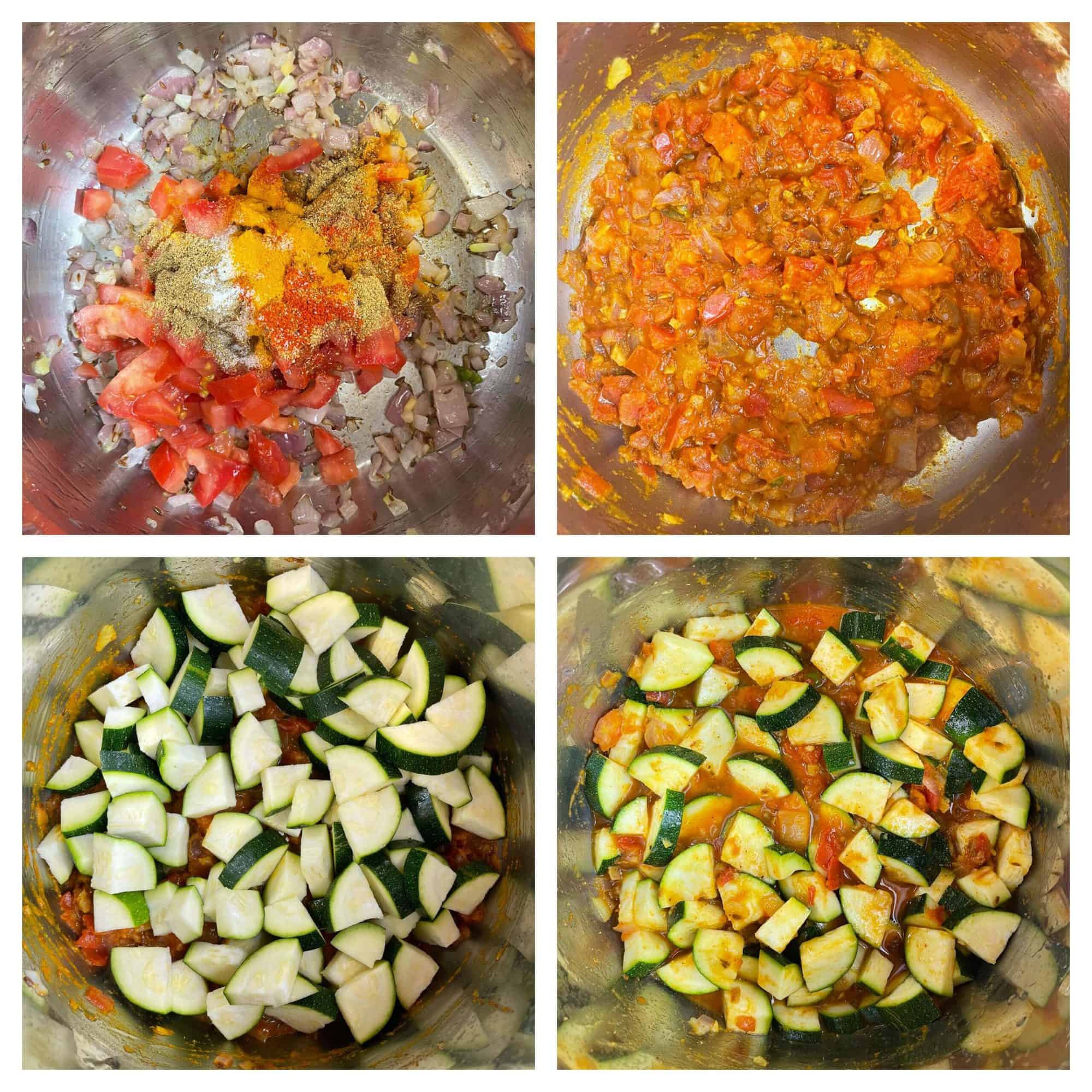 step to cook tomatoes and zucchini collage
