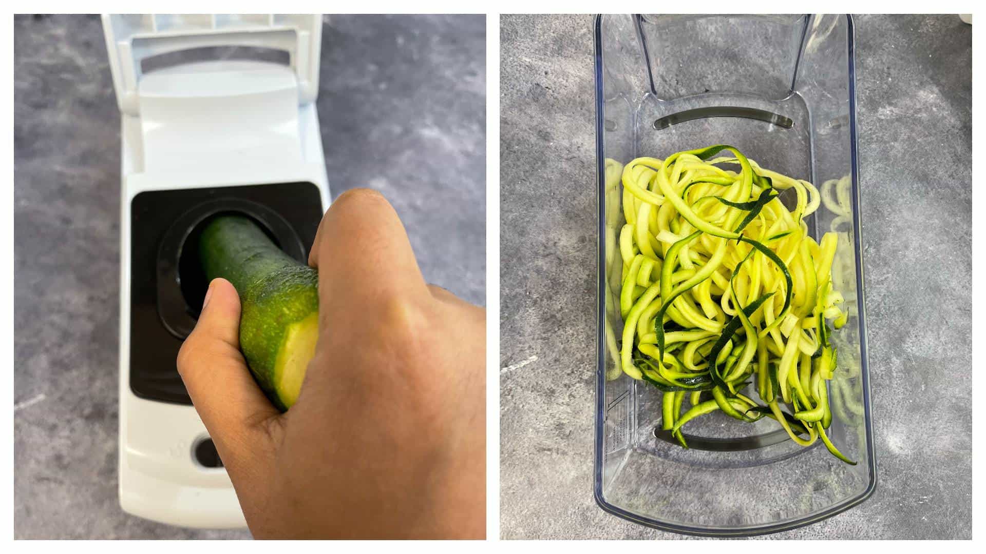 step to make zoodles in a food chopper collage