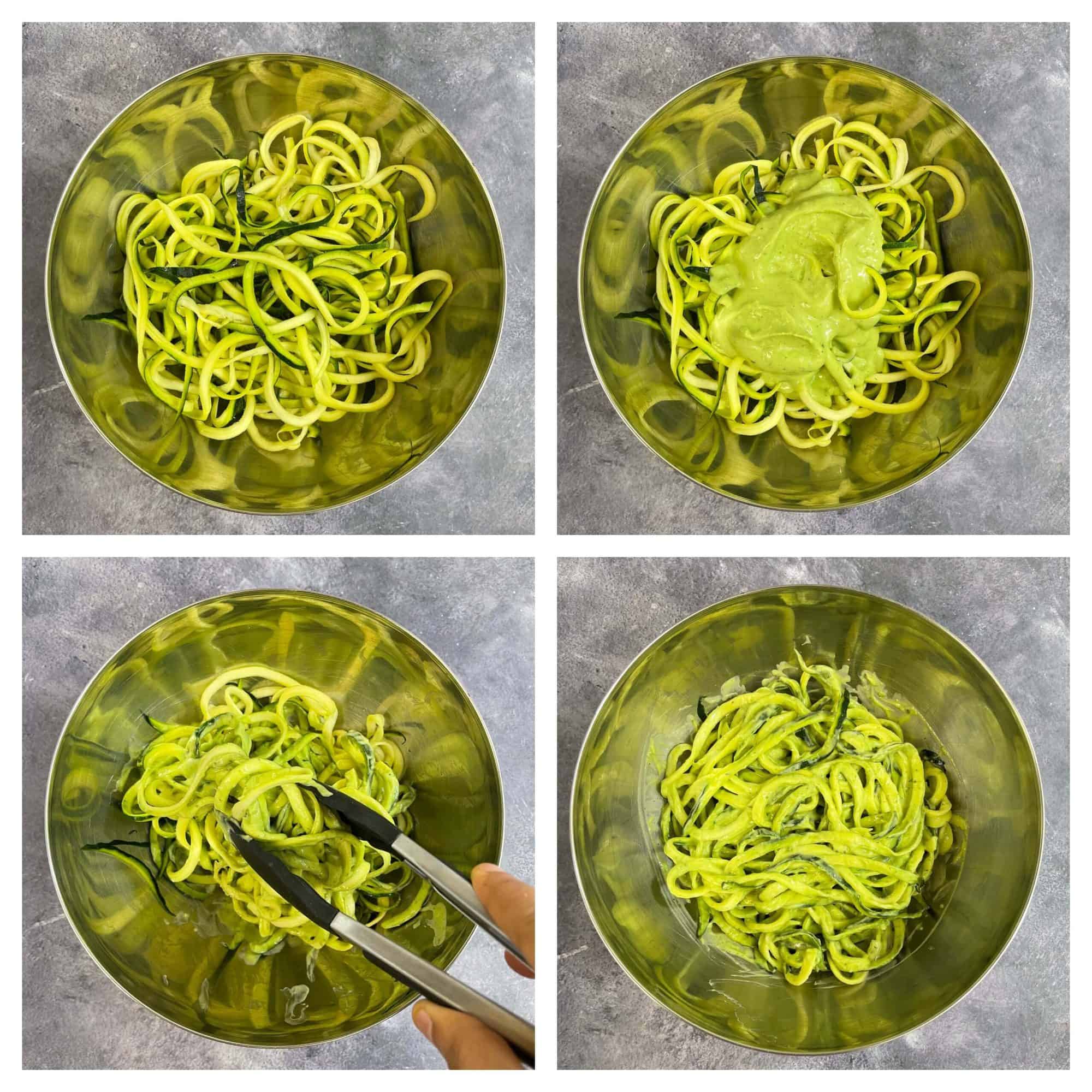 step to combine avocado sauce with raw zucchini pasta