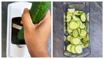 step to slice the cucumber in to thin slices collage