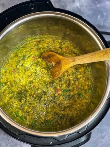 dill leaves dal/lentil in instant pot insert with a ladle collage
