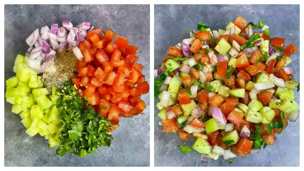 step to mix all veggies in a bowl collage