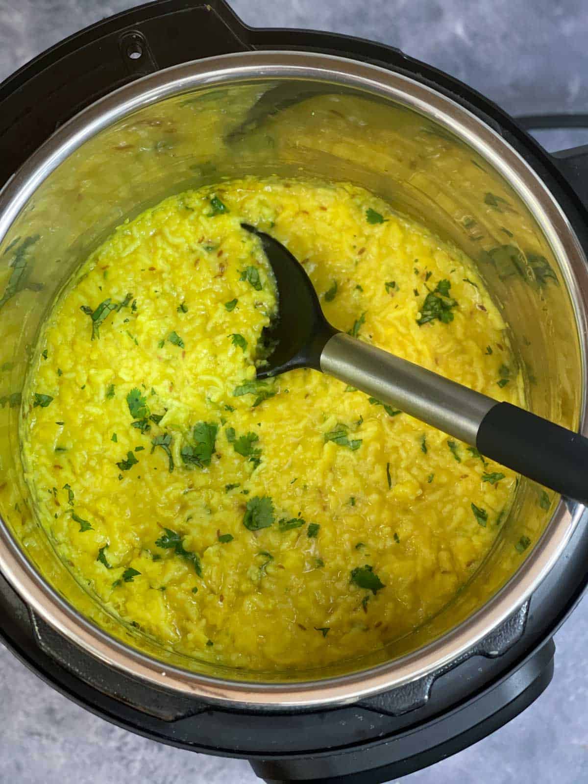 khichdi garnished with cilantro in instant pot with a spoon