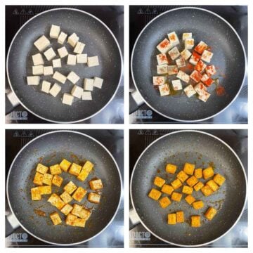 step to shallow fry tofu with some spices till crisp collage