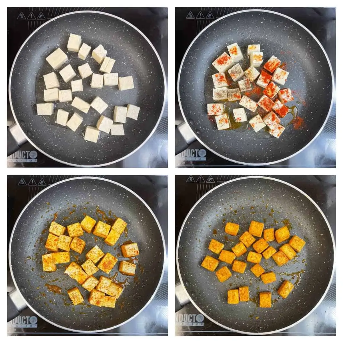step to shallow fry tofu with some spices till crisp collage