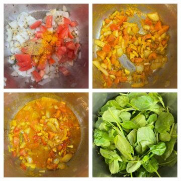 step to cook tomatoes and spices and then add baby spinach collage