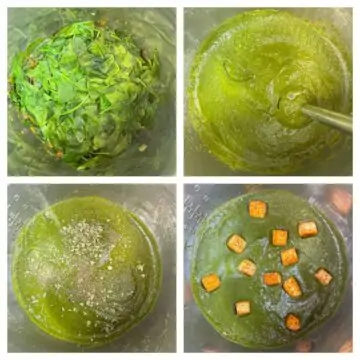 step to puree the cooked spinach and then add fried tofu collage