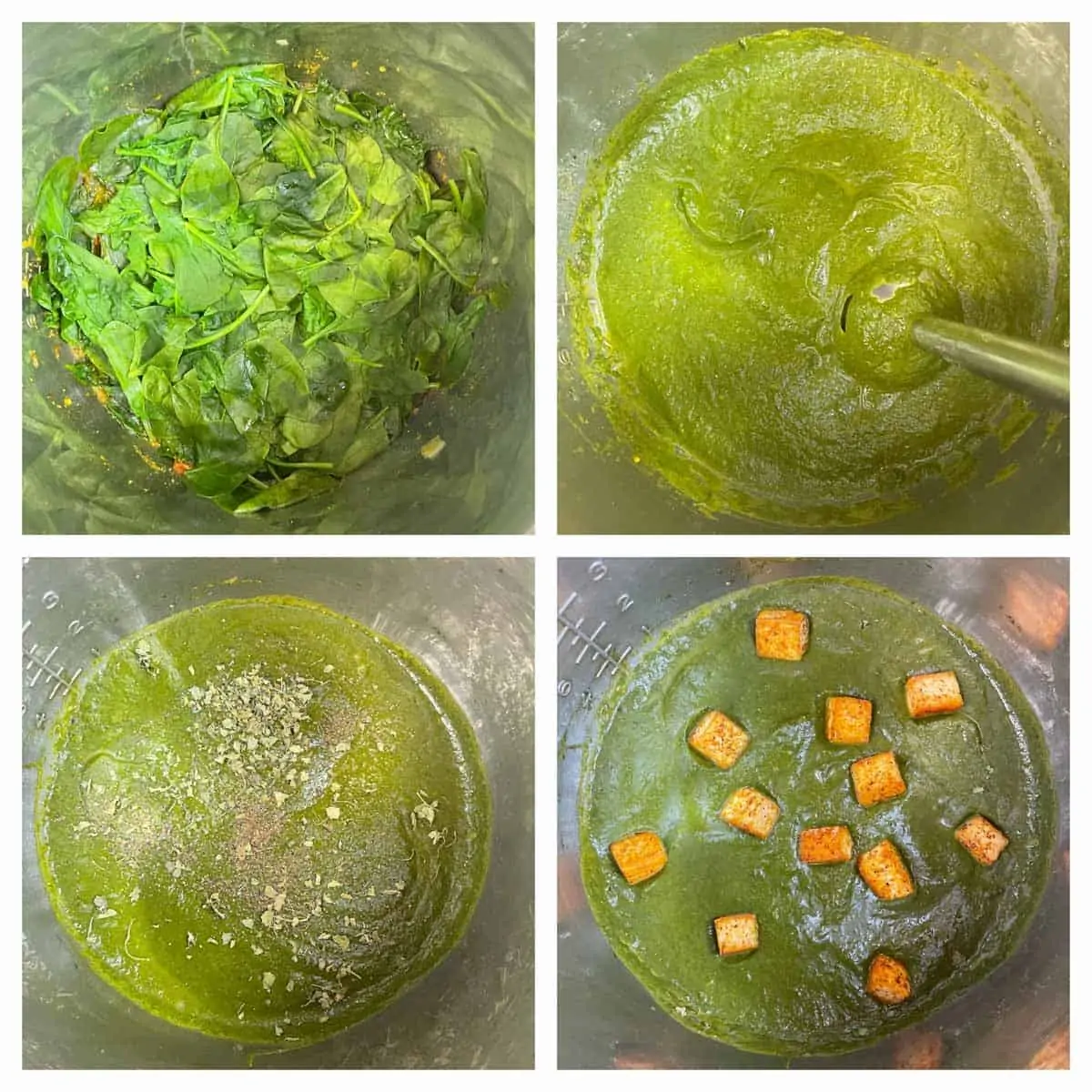 step to puree the cooked spinach and then add fried tofu collage