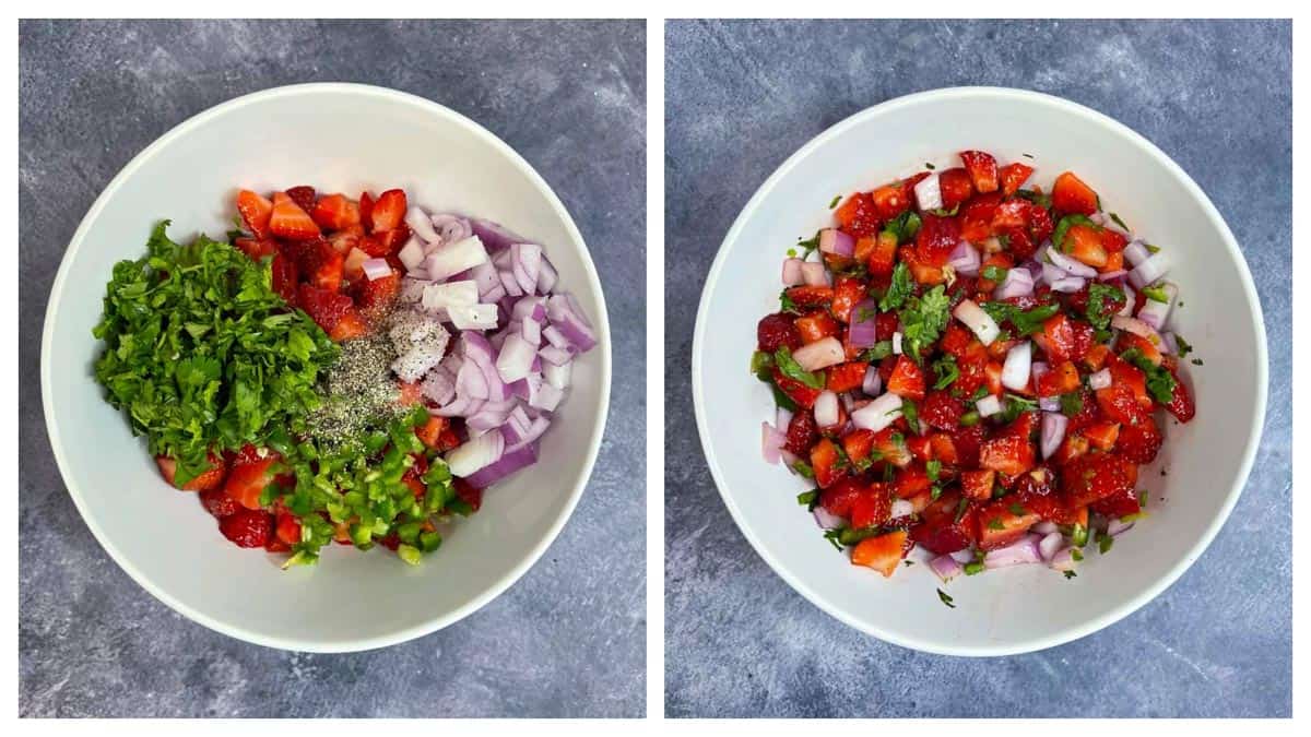 step to mix all ingredients of strawberry salsa in a bowl and mix collage