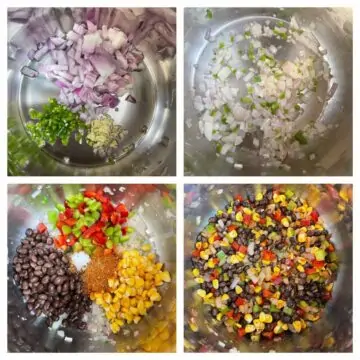 step to saute onions and addition of beans, corn, spices collage