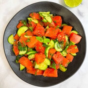 watermelon cucumber salad on a plate