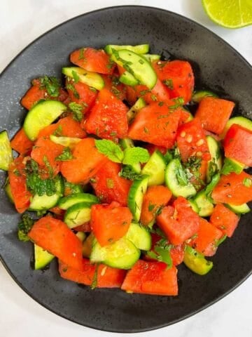 watermelon cucumber salad on a plate