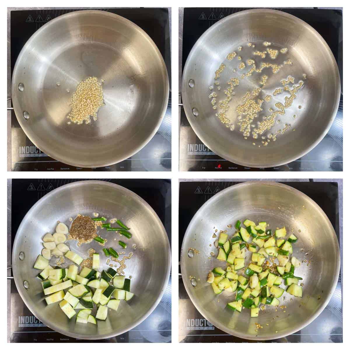 step to saute urad dal, zucchini and garlic collage