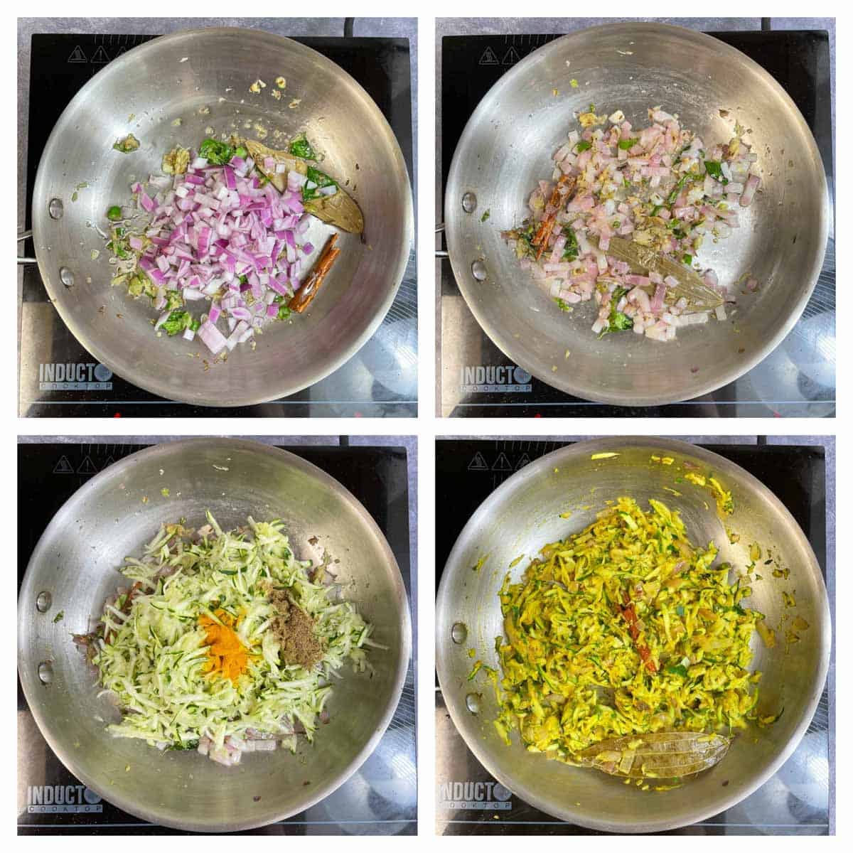 step to cook onions and zucchini with spices collage