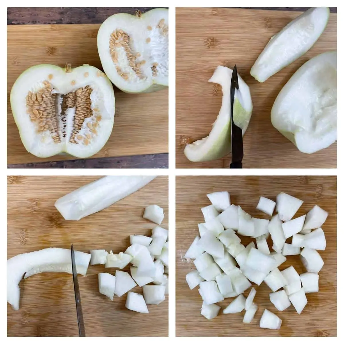 step to clean, cut and chop the winter melon in to cubes collage