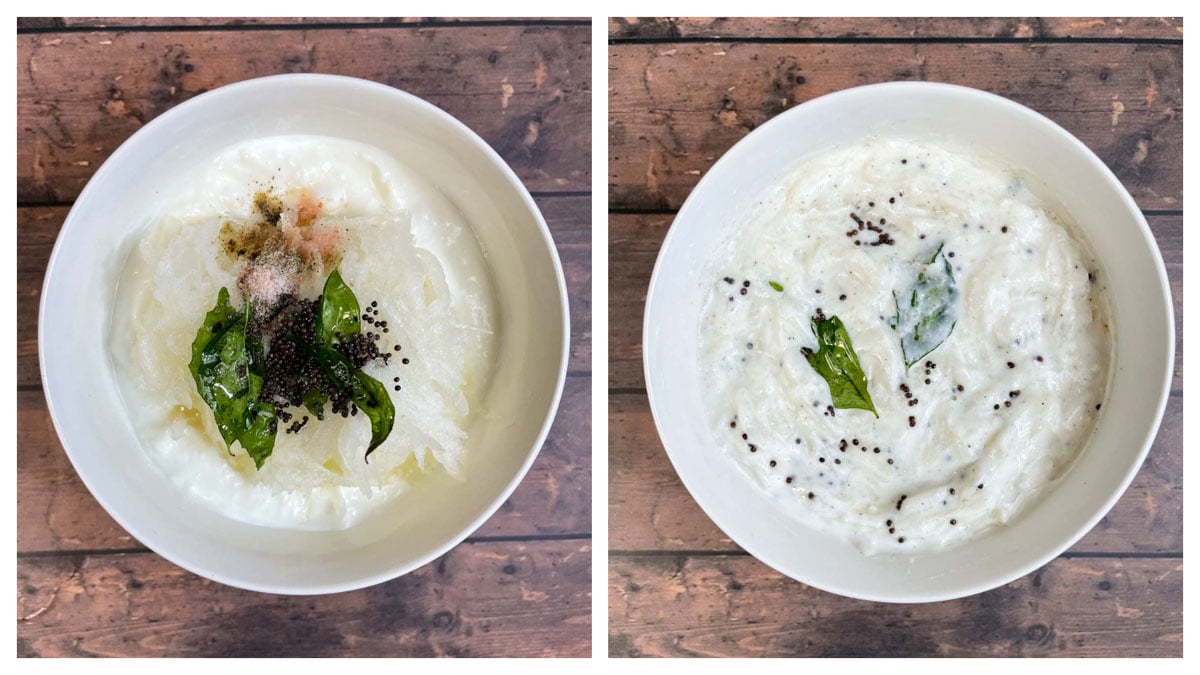 step to add grated ash gourd and tempering to curd and make raita collage