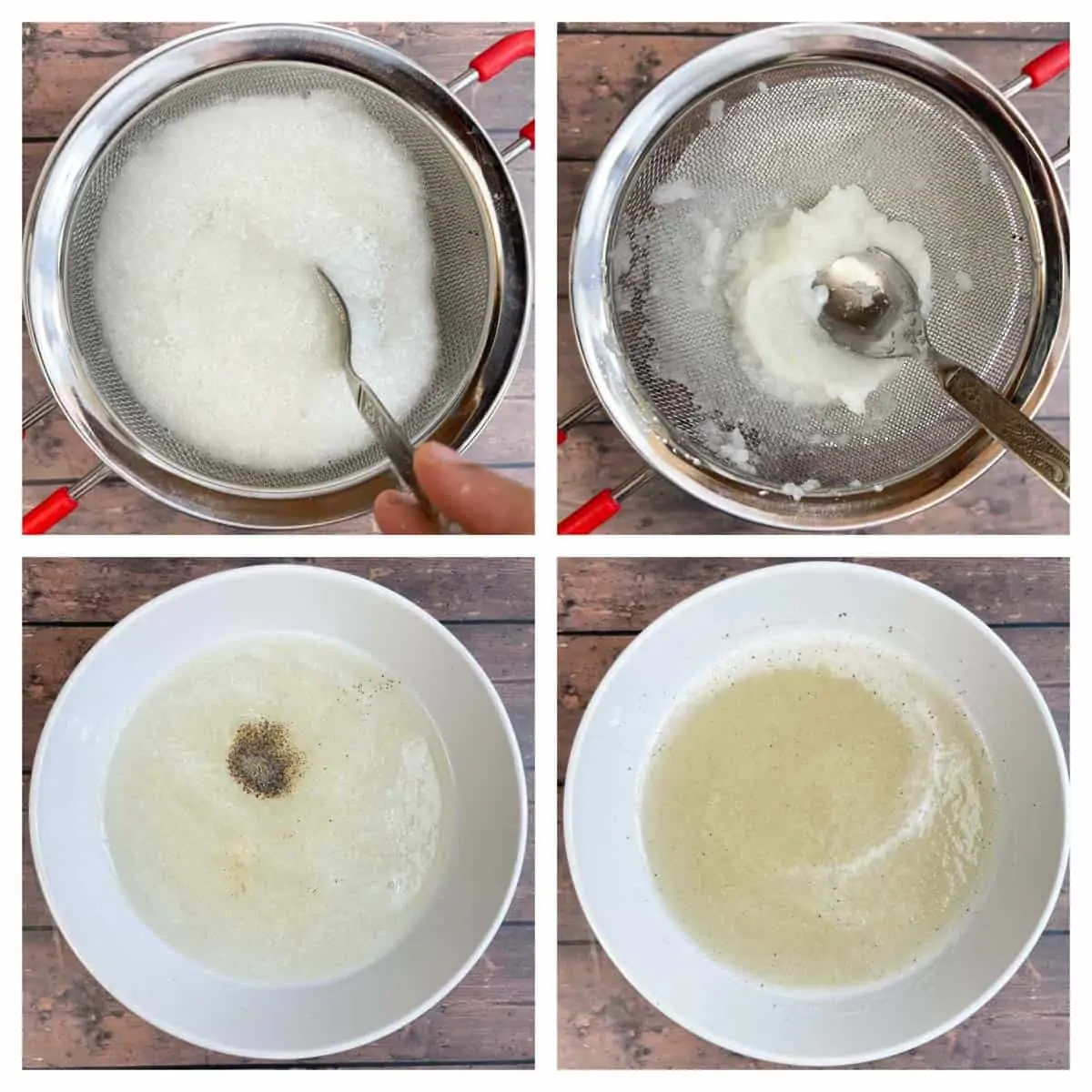 step to strain the petta juice in a strainer collage
