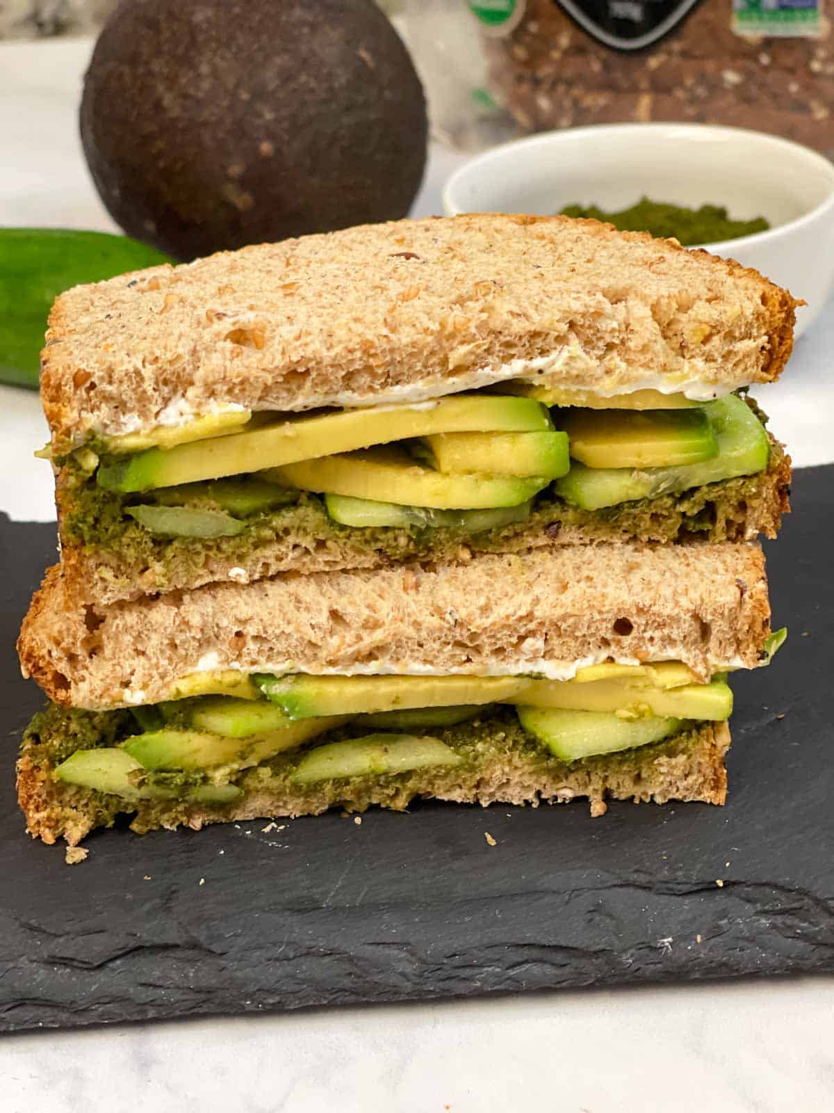 avocado chutney sandwich stacked on one another 