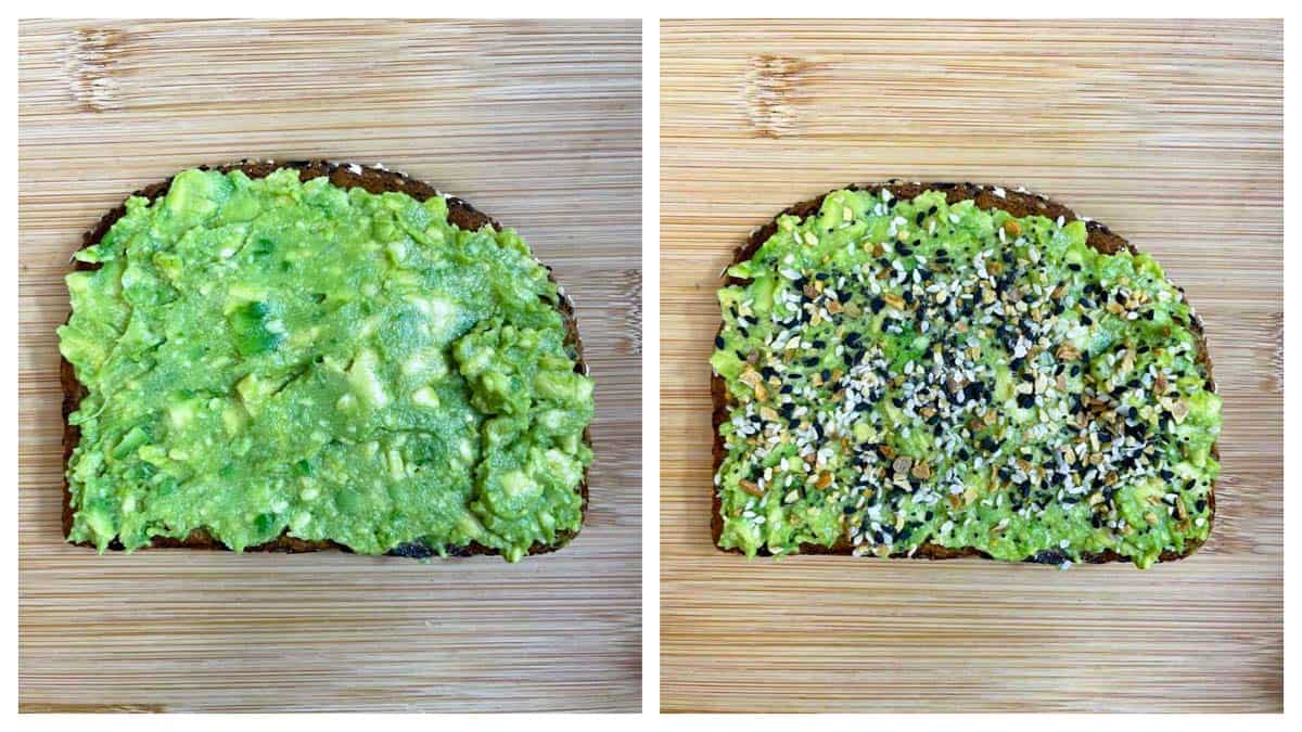 step to spread mashed avocado and everything bagel seasoning on the toast collage