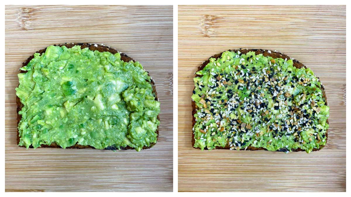 step to spread mashed avocado and everything bagel seasoning on the toast collage