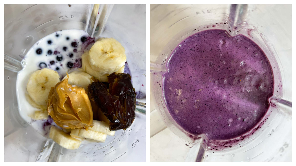 step to blend smoothie in a blender jar collage