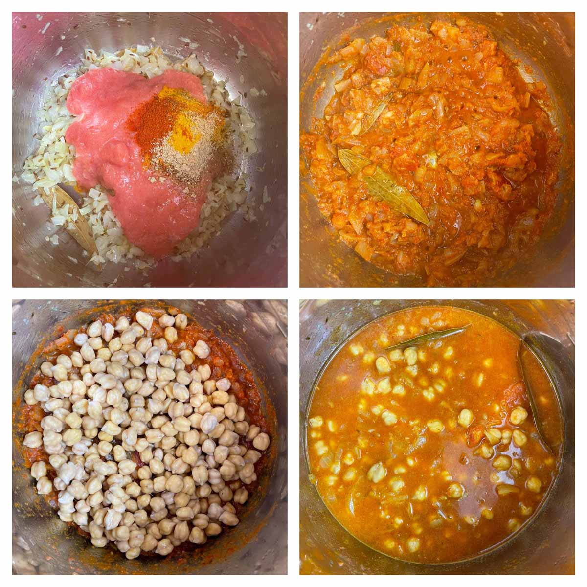 step to cook tomato puree in spices and add soaked chickpeas and water for chana saag collage