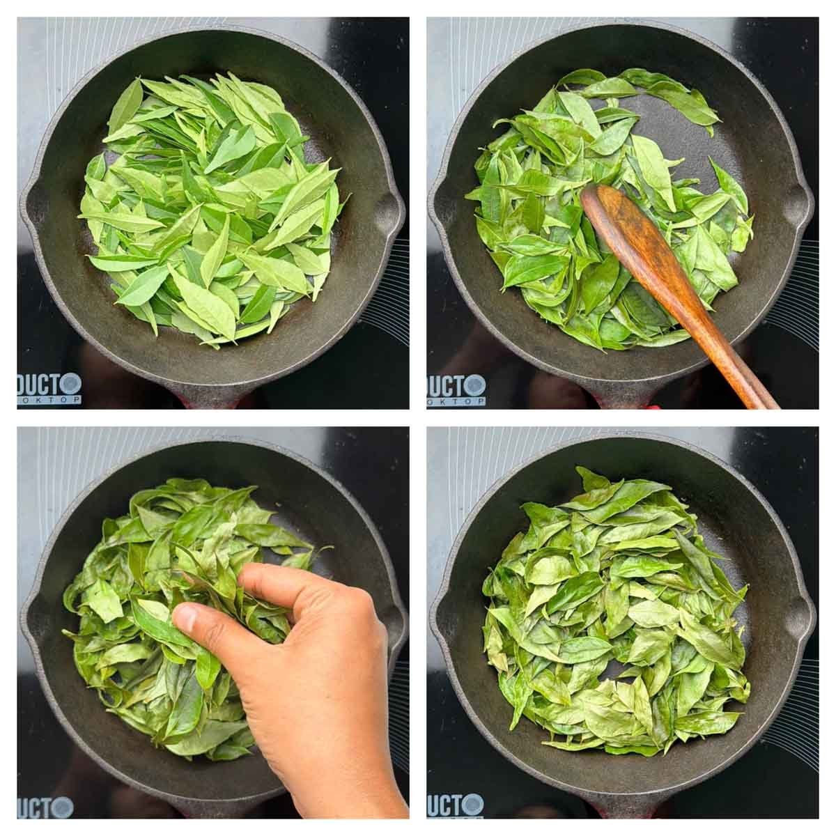 step to dry roast the curry leaves in an iron skillet collage