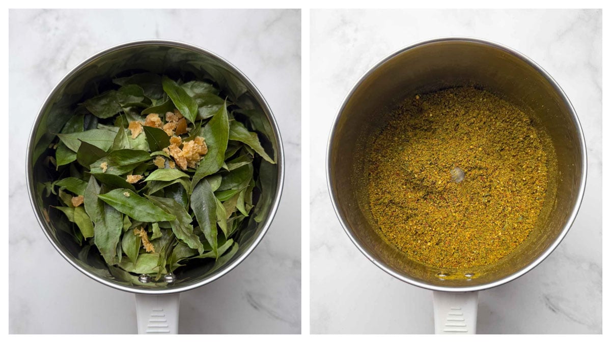 Blending the podi the blender to a fine powder collage.