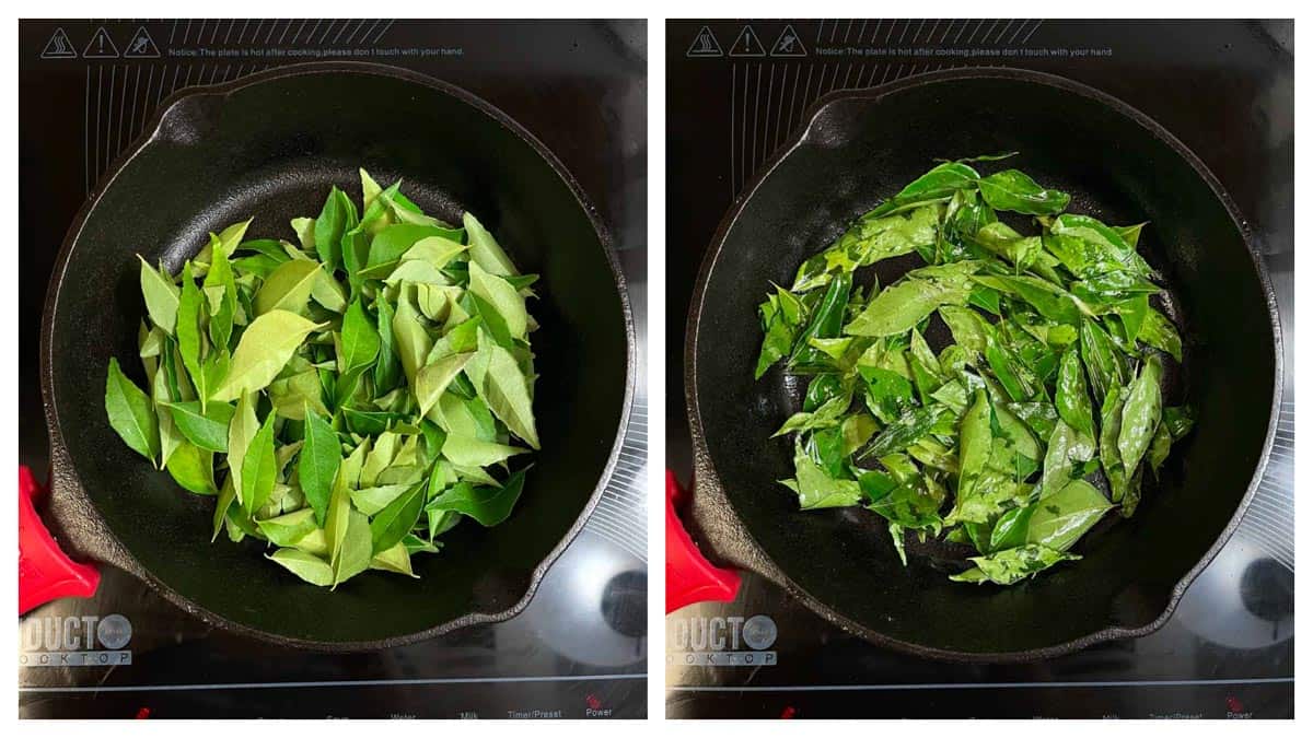 step to roast curry leaves in a skillet collage