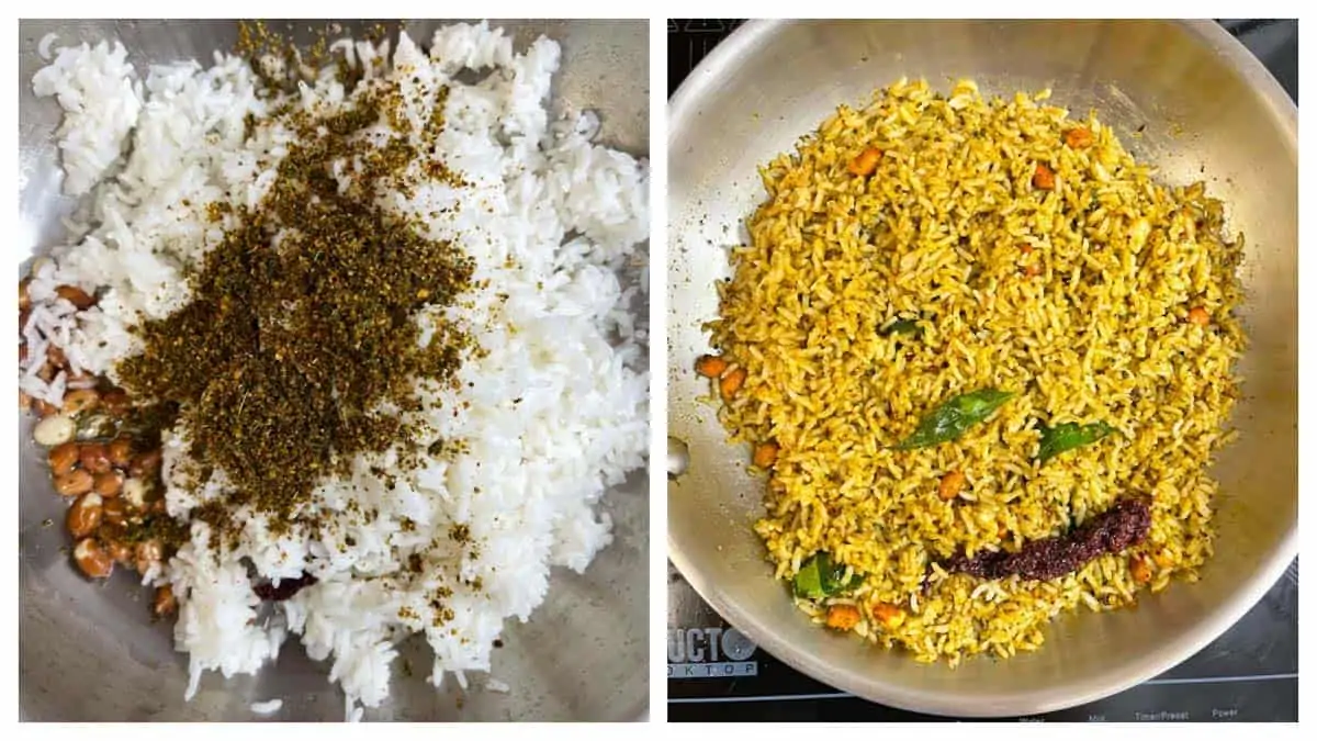 step to mix rice with curry leaves chutney powder collage
