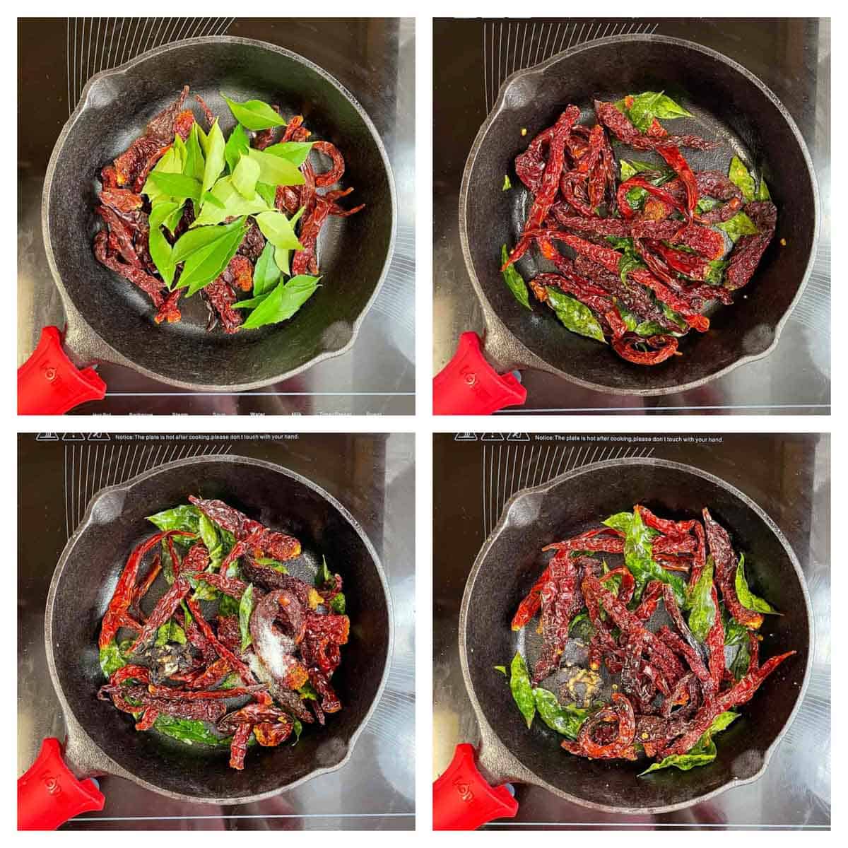 step to roast chilies and curry leaves collage