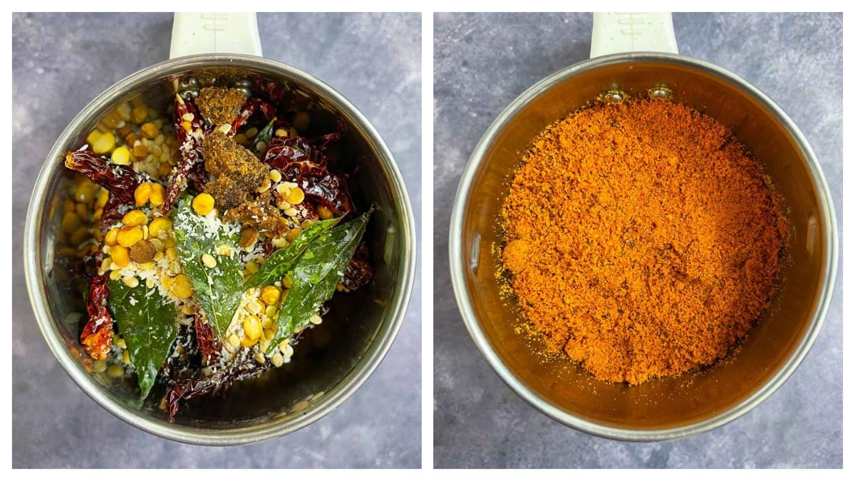 step to blend roasted chutney powder ingredients to smooth powder collage