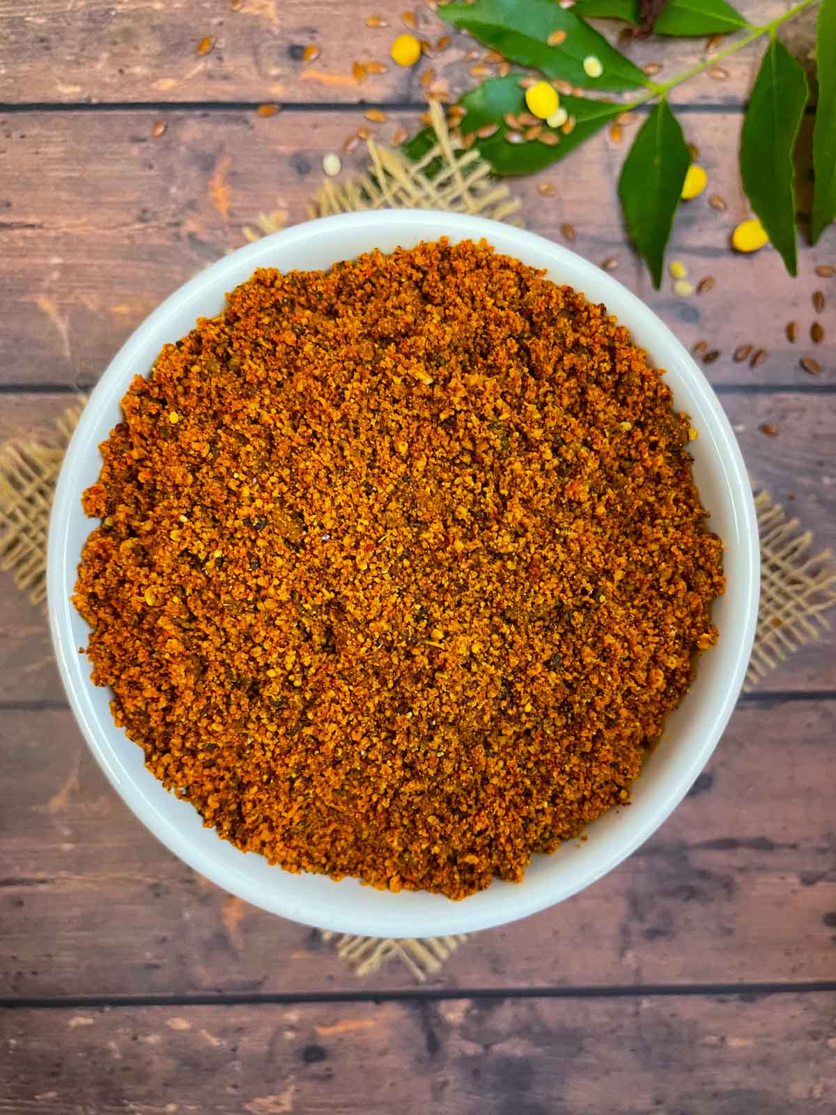 flaxseed chutney powder (Agase Chutney Pudi) served in a bowl