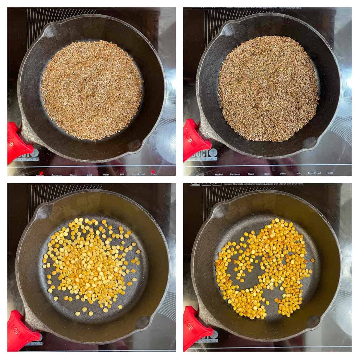 step to dry roast flax seeds and chana dal collage