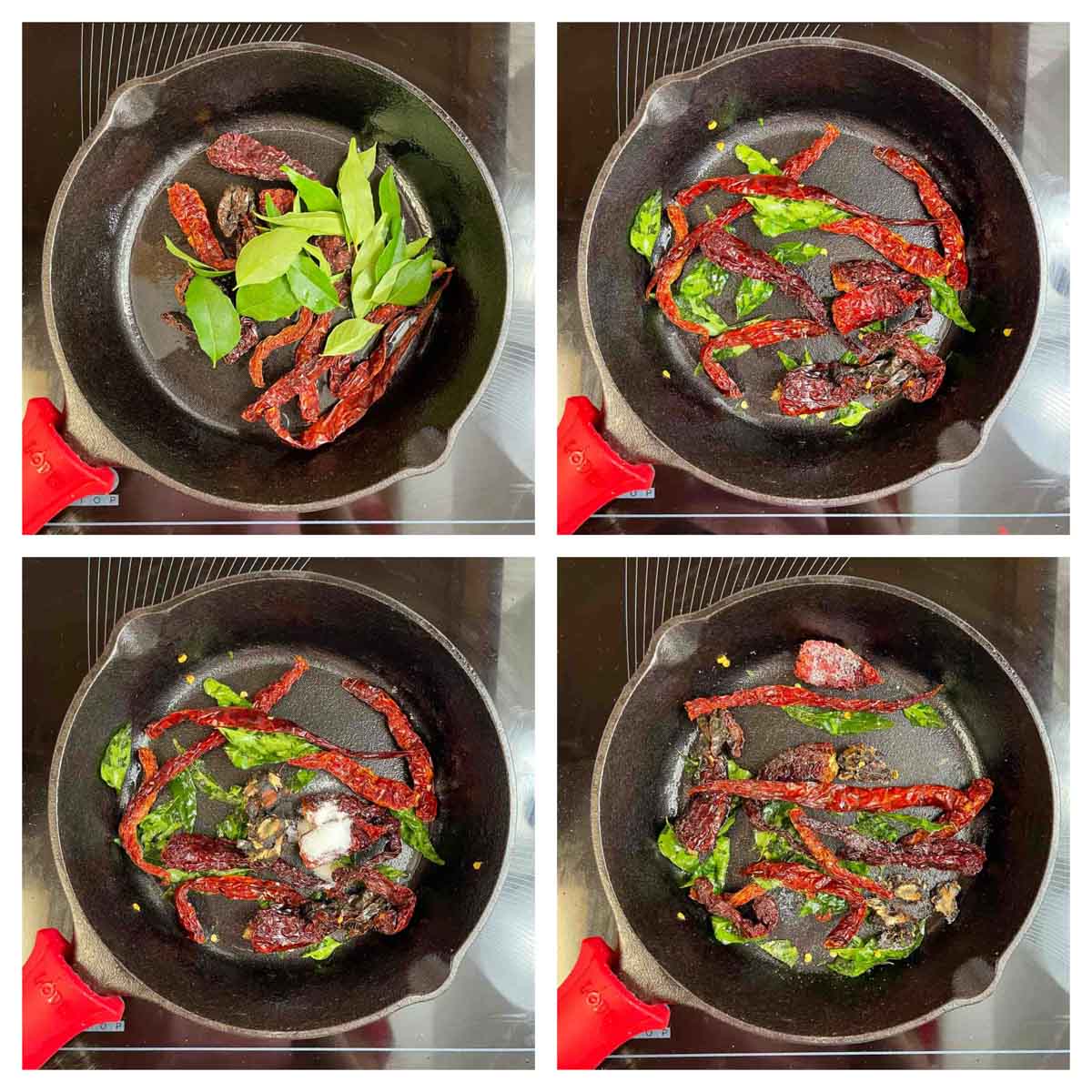 step to roast dry red chilis and curry leaves collage