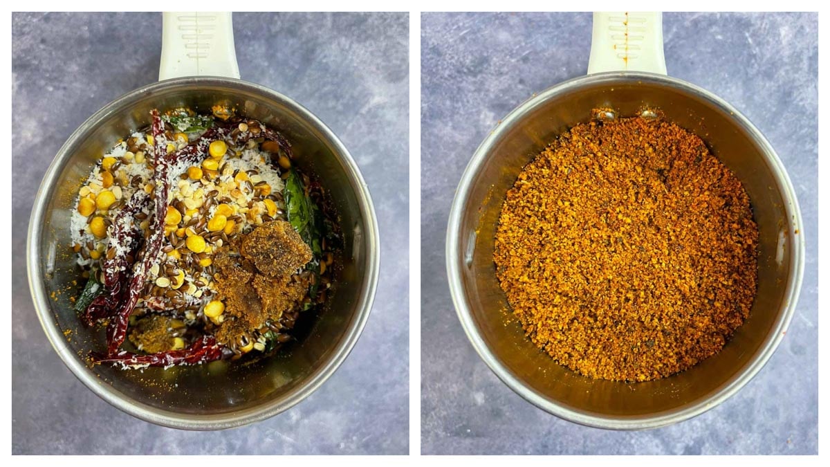 step to blend all the flax seed chutney powder ingredients in to a fine powder collage