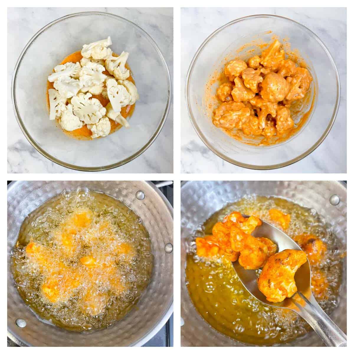 step to dip cauliflower florets in the batter and deep fry collage