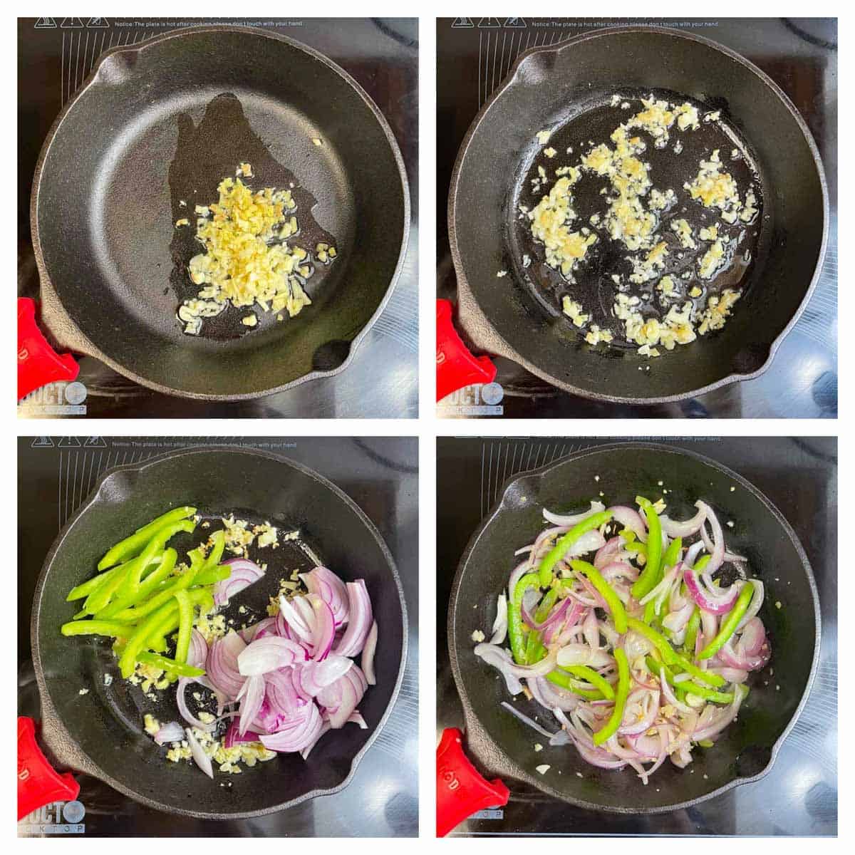 step to stir fry onions capsicum and ginger garlic on high flame collage