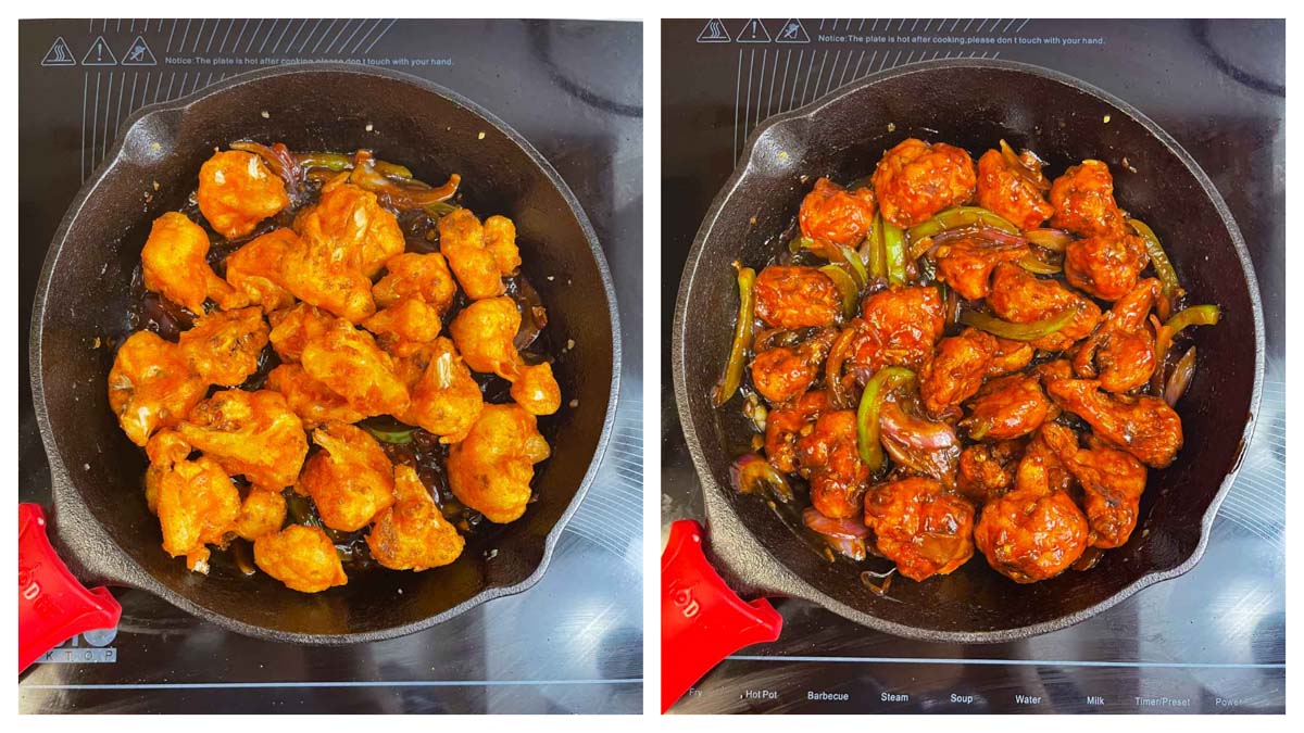 step to toss the fried cauliflower in the sauces collage