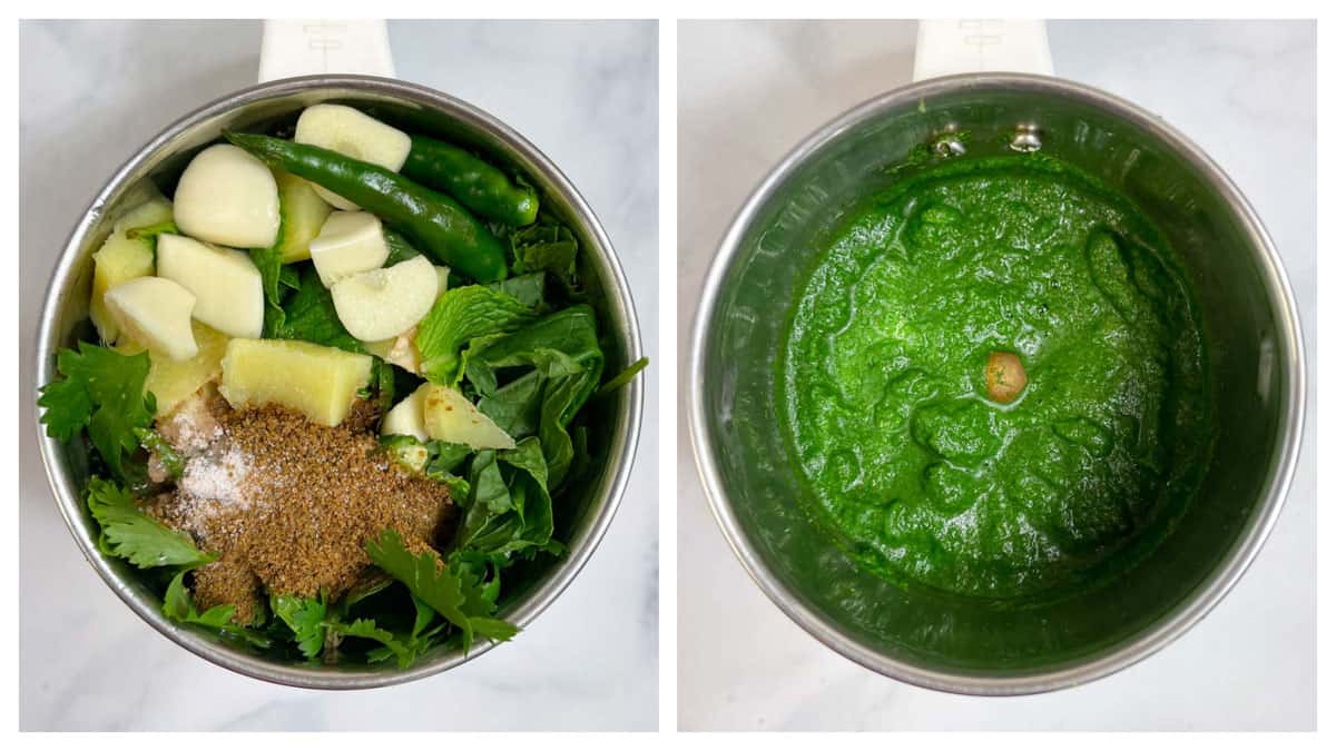 step to blend the coriander mint chutney ingredients in a blender collage